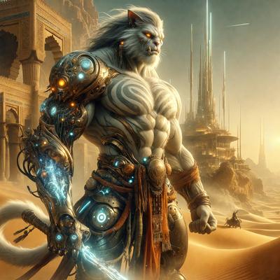 Primary subject: A man with a cat's head, wearing a suit and holding a sword.

Setting/background: A desert landscape with a castle in the background.

Visual style: Digital art.

Colors and mood: The image is in black and white, giving it a dramatic and mysterious atmosphere.